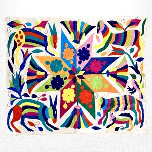VNTG Hand Embroidered Vintage Otomi Tapestry Colorful Mexican Textile Art